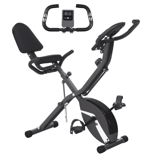 SPORTNOW Bicicleta Estática Dobrável com Resistência Magnética de 8 Níveis Bicicleta Estática Dobrável com Encosto Volante Ecrã LCD e Banda de Resistência Carga 110 kg 43x97x109 cm Preto