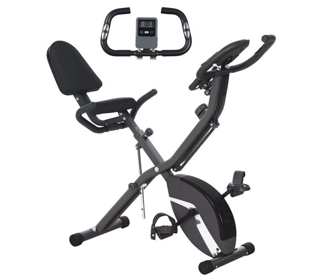 Sportnow bicicleta estática plegable 3 en 1 con respaldo bici estática silenciosa con 8 niveles resistencia magnética sillín regulable volante pantalla lcd pulsómetro y banda carga 110 kg negro