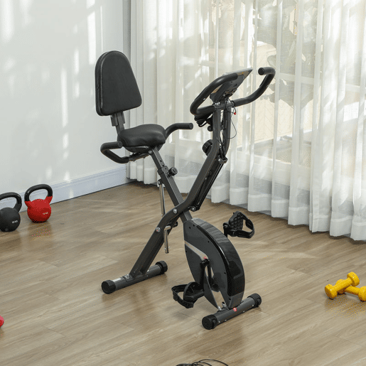 SPORTNOW Bicicleta Estática Dobrável com Resistência Magnética de 8 Níveis Bicicleta Estática Dobrável com Encosto Volante Ecrã LCD e Banda de Resistência Carga 110 kg 43x97x109 cm Preto