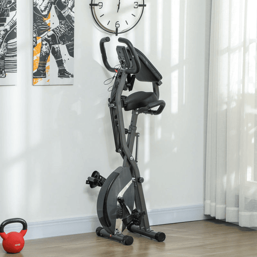 SPORTNOW Bicicleta Estática Dobrável com Resistência Magnética de 8 Níveis Bicicleta Estática Dobrável com Encosto Volante Ecrã LCD e Banda de Resistência Carga 110 kg 43x97x109 cm Preto