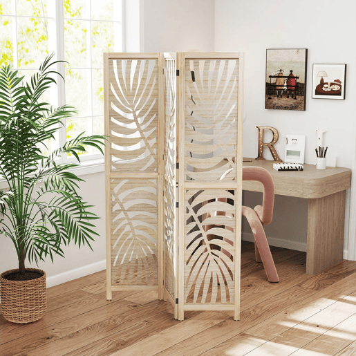 HOMCOM Biombo de 3 Painéis Separador de Ambientes Dobrável 120x170 cm com Estampado de Folhas de Palmeira Tropical Madeira