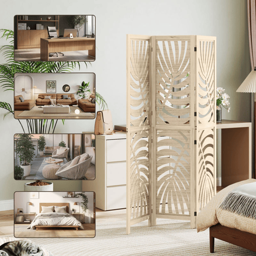 HOMCOM Biombo de 3 Painéis Separador de Ambientes Dobrável 120x170 cm com Estampado de Folhas de Palmeira Tropical Madeira