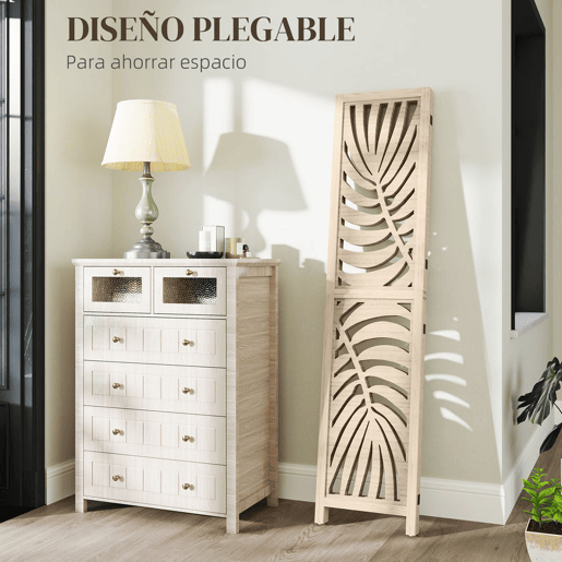 HOMCOM Biombo de 3 Painéis Separador de Ambientes Dobrável 120x170 cm com Estampado de Folhas de Palmeira Tropical Madeira