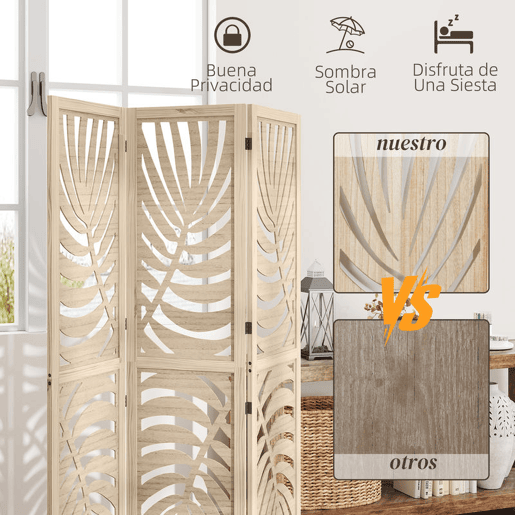 HOMCOM Biombo de 3 Painéis Separador de Ambientes Dobrável 120x170 cm com Estampado de Folhas de Palmeira Tropical Madeira