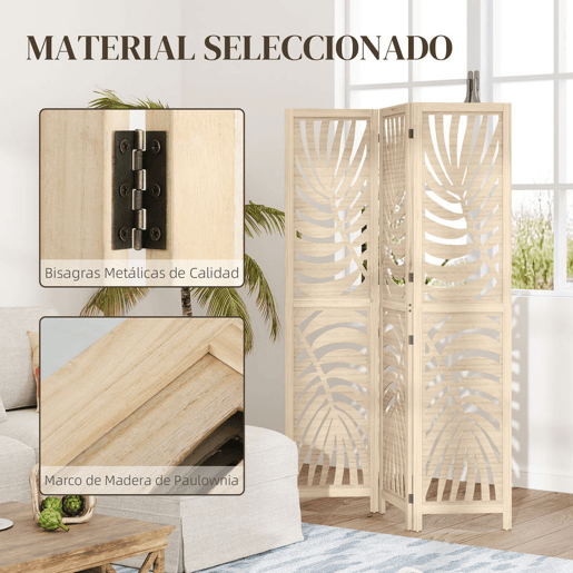 HOMCOM Biombo de 3 Painéis Separador de Ambientes Dobrável 120x170 cm com Estampado de Folhas de Palmeira Tropical Madeira