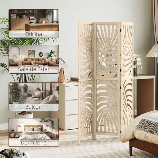 HOMCOM Biombo de 3 Painéis Separador de Ambientes Dobrável 120x170 cm com Estampado de Folhas de Palmeira Tropical Madeira