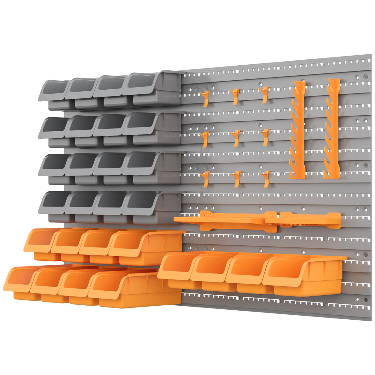 Durhand organizador de herramientas de pared de 44 piezas 95x54 cm estantería de pared para herramientas con 28 cajas apilables y diferentes ganchos gris y naranja
