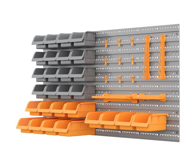 Durhand organizador de herramientas de pared de 44 piezas 95x54 cm estantería de pared para herramientas con 28 cajas apilables y diferentes ganchos gris y naranja