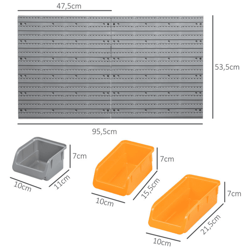 DURHAND Prateleira de Parede Organizador de Ferramentas Prateleiras de Armazenamento com 28 Caixas Empilháveis u200Bu200Be Diferentes Ganchos 95,5x22,5x53,5 cm Cinza e Laranja