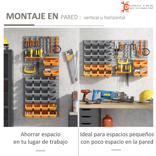 DURHAND Prateleira de Parede Organizador de Ferramentas Prateleiras de Armazenamento com 28 Caixas Empilháveis u200Bu200Be Diferentes Ganchos 95,5x22,5x53,5 cm Cinza e Laranja