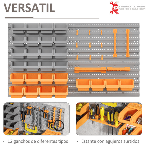 DURHAND Prateleira de Parede Organizador de Ferramentas Prateleiras de Armazenamento com 28 Caixas Empilháveis u200Bu200Be Diferentes Ganchos 95,5x22,5x53,5 cm Cinza e Laranja