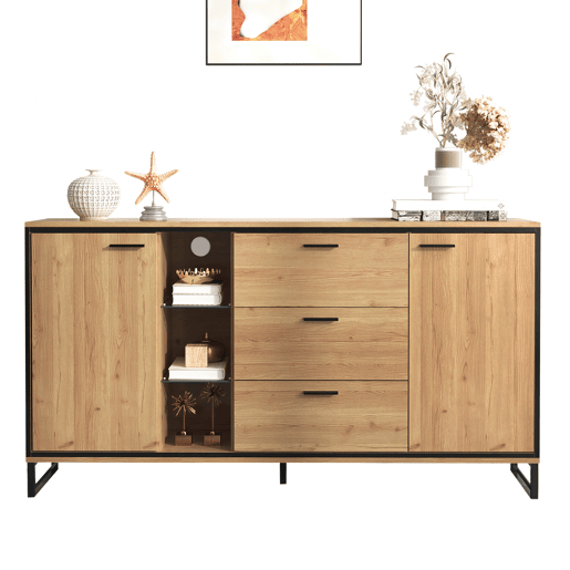 Aparador de painel de partículas com 2 portas,3 gavetas e luz led,natural
