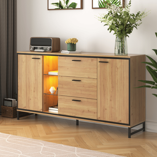 Aparador de painel de partículas com 2 portas,3 gavetas e luz led,natural