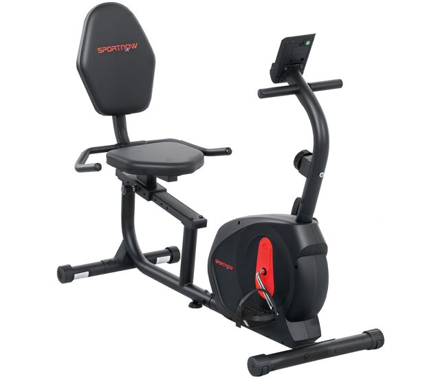 Sportnow bicicleta estática con respaldo, 8 niveles de resistencia, bici estática reclinadas, con volante asiento ajustable pantalla lcd soporte de teléfono y ruedas, para entrenamientos recuperación