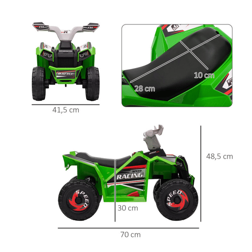 HOMCOM Quadriciclo Elétrico para Crianças 18-36 Meses Veículo Elétrico a Bateria de 6V com Velocidade 2,5 kmh Avanço e Marcha Atrás 70x41,5x48,5 cm Verde