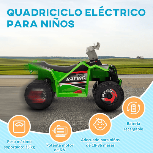HOMCOM Quadriciclo Elétrico para Crianças 18-36 Meses Veículo Elétrico a Bateria de 6V com Velocidade 2,5 kmh Avanço e Marcha Atrás 70x41,5x48,5 cm Verde
