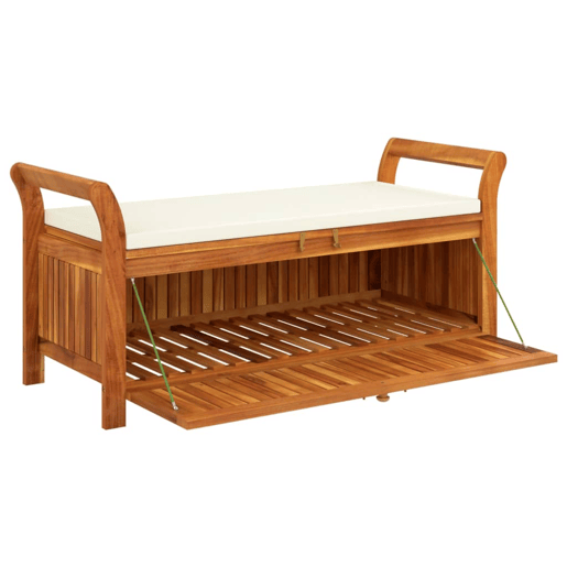 Banco de jardim, mobília de pátio ao ar livre, deck de armazenamento de jardim com almofada, madeira de acácia de 126 cm 02_0011808