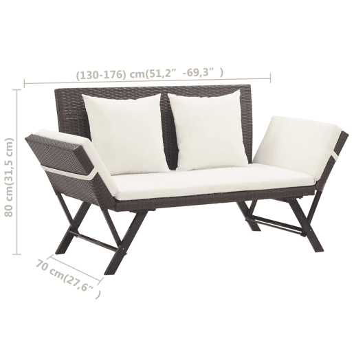 Banco de jardim ao ar livre, móveis de pátio, terraço com almofadas, resina tecida marrom de 176 cm 02_0011593