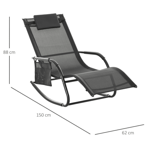 Outsunny Espreguiçadeira Baloiço de Exterior com Braços Apoio de Cabeça Acolchoado e Bolso Lateral Carga 120 kg para Jardim Terraço Pátio 150x62x88 cm Preto