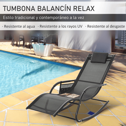 Outsunny Espreguiçadeira Baloiço de Exterior com Braços Apoio de Cabeça Acolchoado e Bolso Lateral Carga 120 kg para Jardim Terraço Pátio 150x62x88 cm Preto