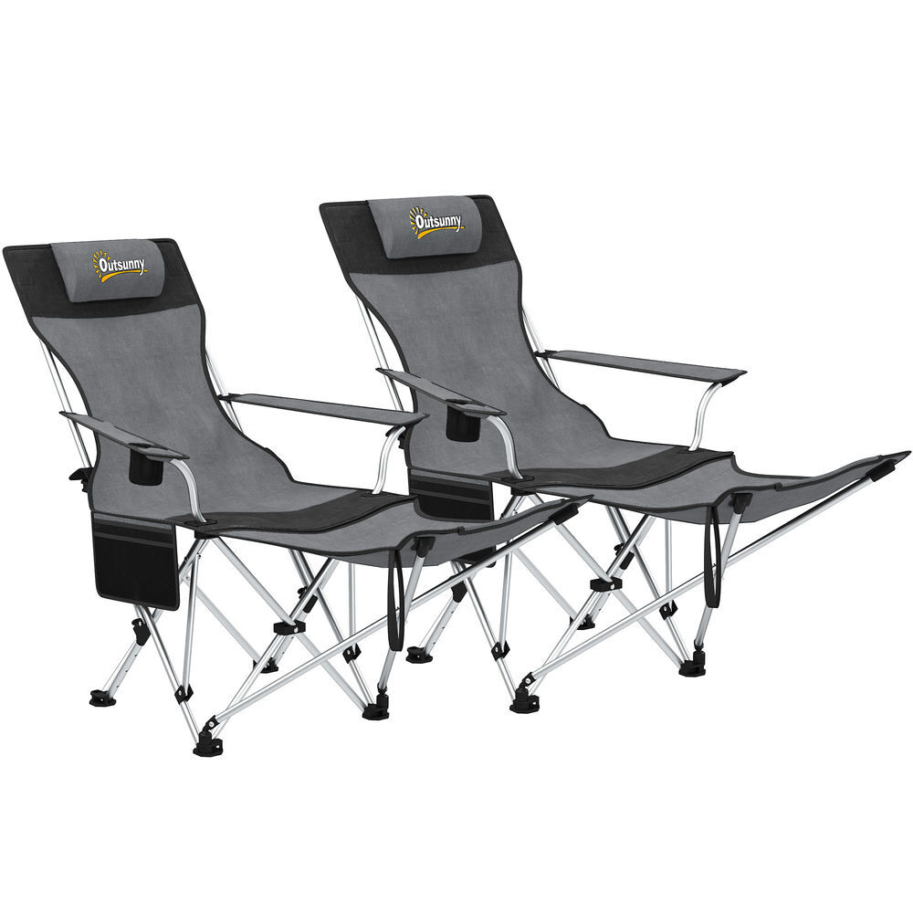 Outsunny conjunto de 2 sillas plegables camping tumbonas camping portátiles con reposapiés desmontable reposacabezas portavasos y bolsa lateral carga 120 kg para jardín playa pesca gris y negro