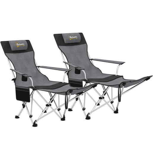 Outsunny Conjunto de 2 Cadeiras Dobráveis Campismo Portáteis com Apoio para os Pés Desmontável Apoio para a Cabeça Porta-Copos e Bolsa Lateral Carga 120 kg para Jardim Praia Pesca 50-100x82x88 cm Cinza e Preto