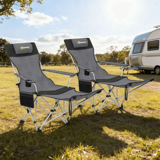 Outsunny Conjunto de 2 Cadeiras Dobráveis Campismo Portáteis com Apoio para os Pés Desmontável Apoio para a Cabeça Porta-Copos e Bolsa Lateral Carga 120 kg para Jardim Praia Pesca 50-100x82x88 cm Cinza e Preto