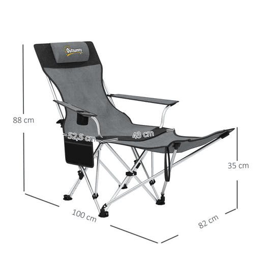 Outsunny Conjunto de 2 Cadeiras Dobráveis Campismo Portáteis com Apoio para os Pés Desmontável Apoio para a Cabeça Porta-Copos e Bolsa Lateral Carga 120 kg para Jardim Praia Pesca 50-100x82x88 cm Cinza e Preto