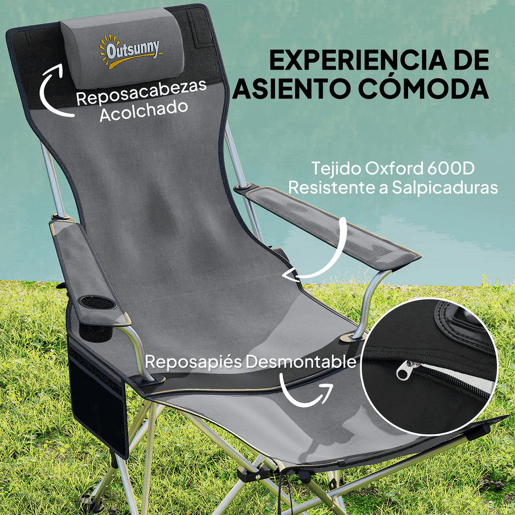 Outsunny Conjunto de 2 Cadeiras Dobráveis Campismo Portáteis com Apoio para os Pés Desmontável Apoio para a Cabeça Porta-Copos e Bolsa Lateral Carga 120 kg para Jardim Praia Pesca 50-100x82x88 cm Cinza e Preto