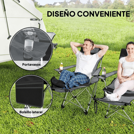 Outsunny Conjunto de 2 Cadeiras Dobráveis Campismo Portáteis com Apoio para os Pés Desmontável Apoio para a Cabeça Porta-Copos e Bolsa Lateral Carga 120 kg para Jardim Praia Pesca 50-100x82x88 cm Cinza e Preto