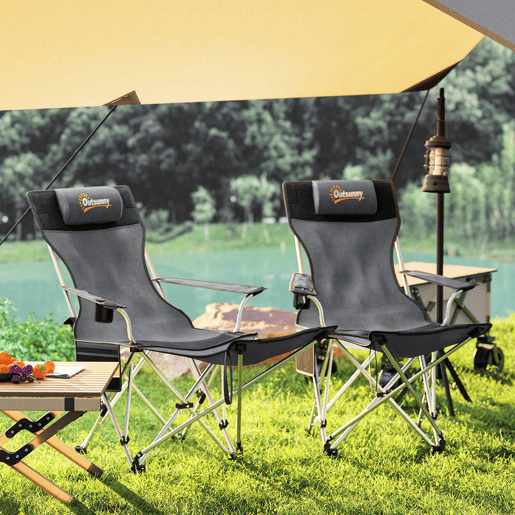 Outsunny Conjunto de 2 Cadeiras Dobráveis Campismo Portáteis com Apoio para os Pés Desmontável Apoio para a Cabeça Porta-Copos e Bolsa Lateral Carga 120 kg para Jardim Praia Pesca 50-100x82x88 cm Cinza e Preto
