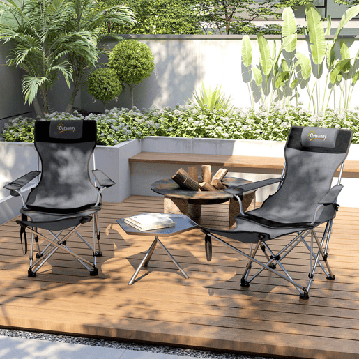 Outsunny Conjunto de 2 Cadeiras Dobráveis Campismo Portáteis com Apoio para os Pés Desmontável Apoio para a Cabeça Porta-Copos e Bolsa Lateral Carga 120 kg para Jardim Praia Pesca 50-100x82x88 cm Cinza e Preto