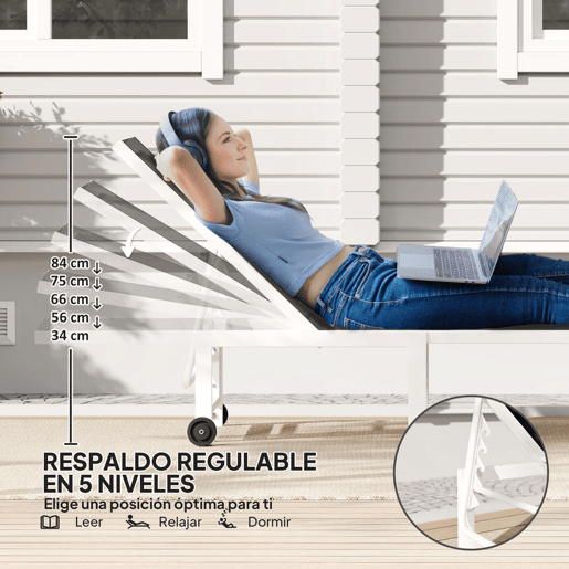 Outsunny Espreguiçadeira Reclinável de Jardim com Rodas Espreguiçadeira de Exterior Encosto Ajustável em 5 Níveis e Estrutura de Aço Suporta até 120 kg para Pátio Varanda 166x60x84 cm Cinzento