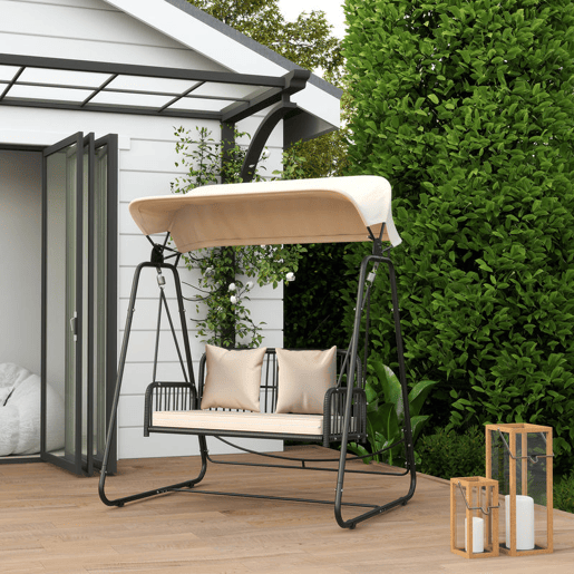 Outsunny Baloiço de Jardim de 2 Lugares Baloiço Exterior com Toldo Retrátil Almofadas e Estrutura de Aço com Vime PE Anti-UV para Varanda Terraço Pátio Carga 240 kg 149x121x180 cm Caqui