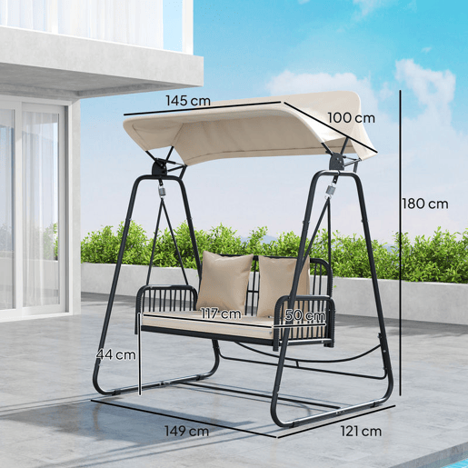Outsunny Baloiço de Jardim de 2 Lugares Baloiço Exterior com Toldo Retrátil Almofadas e Estrutura de Aço com Vime PE Anti-UV para Varanda Terraço Pátio Carga 240 kg 149x121x180 cm Caqui