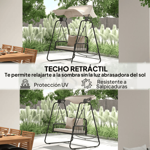 Outsunny Baloiço de Jardim de 2 Lugares Baloiço Exterior com Toldo Retrátil Almofadas e Estrutura de Aço com Vime PE Anti-UV para Varanda Terraço Pátio Carga 240 kg 149x121x180 cm Caqui