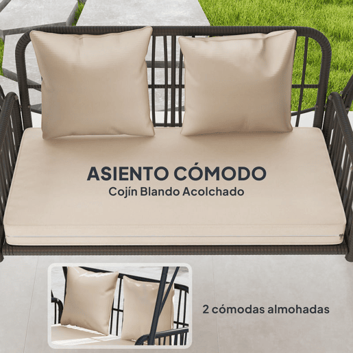 Outsunny Baloiço de Jardim de 2 Lugares Baloiço Exterior com Toldo Retrátil Almofadas e Estrutura de Aço com Vime PE Anti-UV para Varanda Terraço Pátio Carga 240 kg 149x121x180 cm Caqui