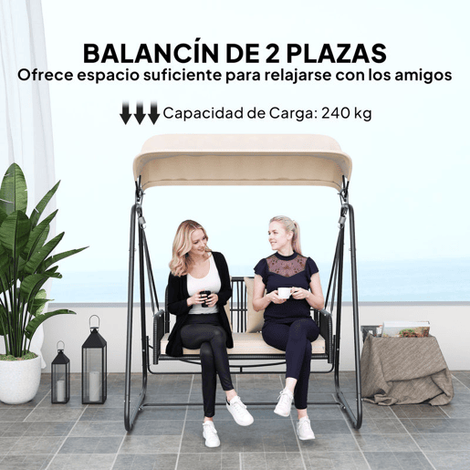 Outsunny Baloiço de Jardim de 2 Lugares Baloiço Exterior com Toldo Retrátil Almofadas e Estrutura de Aço com Vime PE Anti-UV para Varanda Terraço Pátio Carga 240 kg 149x121x180 cm Caqui