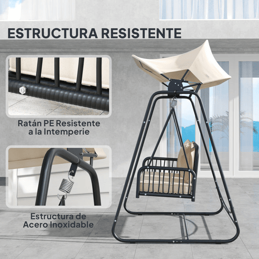 Outsunny Baloiço de Jardim de 2 Lugares Baloiço Exterior com Toldo Retrátil Almofadas e Estrutura de Aço com Vime PE Anti-UV para Varanda Terraço Pátio Carga 240 kg 149x121x180 cm Caqui