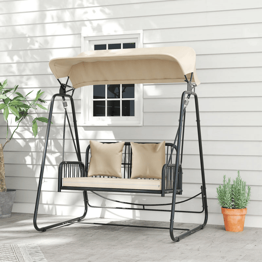 Outsunny Baloiço de Jardim de 2 Lugares Baloiço Exterior com Toldo Retrátil Almofadas e Estrutura de Aço com Vime PE Anti-UV para Varanda Terraço Pátio Carga 240 kg 149x121x180 cm Caqui
