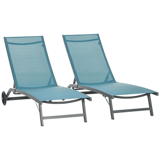 Outsunny Conjunto de 2 Espreguiçadeiras Reclináveis de Jardim Espreguiçadeiras de Alumínio para Exterior com Encosto Ajustável em 5 Níveis e Rodas para Praia Piscina 165x66x102 cm Azul