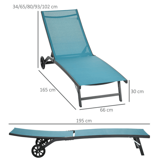 Outsunny Conjunto de 2 Espreguiçadeiras Reclináveis de Jardim Espreguiçadeiras de Alumínio para Exterior com Encosto Ajustável em 5 Níveis e Rodas para Praia Piscina 165x66x102 cm Azul