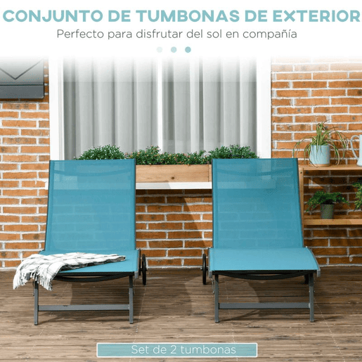 Outsunny Conjunto de 2 Espreguiçadeiras Reclináveis de Jardim Espreguiçadeiras de Alumínio para Exterior com Encosto Ajustável em 5 Níveis e Rodas para Praia Piscina 165x66x102 cm Azul