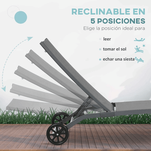 Outsunny Conjunto de 2 Espreguiçadeiras Reclináveis de Jardim Espreguiçadeiras de Alumínio para Exterior com Encosto Ajustável em 5 Níveis e Rodas para Praia Piscina 165x66x102 cm Azul