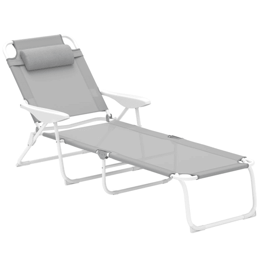 Outsunny Espreguiçadeira de Jardim Reclinável e Dobrável com Almofada para a Cabeça Encosto Ajustável em 4 Posições e Estrutura de Metal e Textilene 160x66x98 cm Cinzento