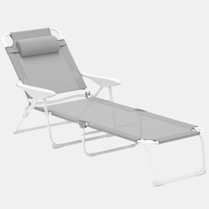 Outsunny Espreguiçadeira de Jardim Reclinável e Dobrável com Almofada para a Cabeça Encosto Ajustável em 4 Posições e Estrutura de Metal e Textilene 160x66x98 cm Cinzento
