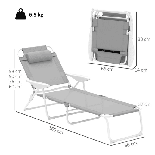 Outsunny Espreguiçadeira de Jardim Reclinável e Dobrável com Almofada para a Cabeça Encosto Ajustável em 4 Posições e Estrutura de Metal e Textilene 160x66x98 cm Cinzento