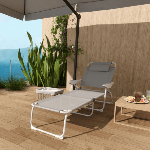 Outsunny Espreguiçadeira de Jardim Reclinável e Dobrável com Almofada para a Cabeça Encosto Ajustável em 4 Posições e Estrutura de Metal e Textilene 160x66x98 cm Cinzento