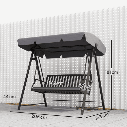 Outsunny Baloiço de Jardim para 3 Pessoas Banco Baloiço com Toldo Ajustável Almofada e Estrutura de Aço Resistente às Intempéries 205x133x181 cm Cinzento