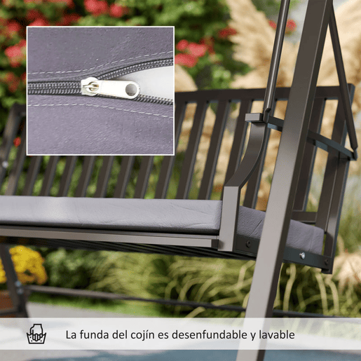 Outsunny Baloiço de Jardim para 3 Pessoas Banco Baloiço com Toldo Ajustável Almofada e Estrutura de Aço Resistente às Intempéries 205x133x181 cm Cinzento
